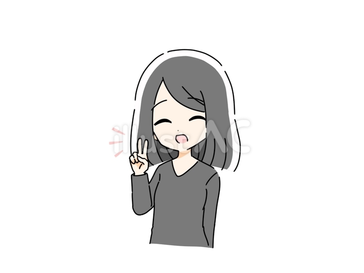 指を二本立てる黒髪ボブの女性　2 笑顔,微笑み,にっこりのイラスト素材