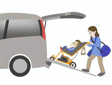 荷物が多くて移動が大変（鼻マスク） 医療的ケア児,バリアフリー,福祉車両,スロープ,お出かけ,荷物が多い,大変,バギー,車椅子,人工呼吸器のイラスト素材
