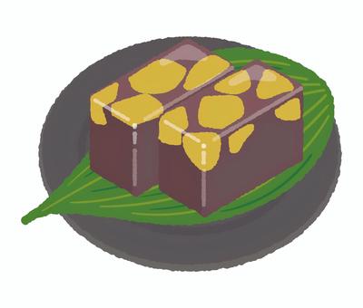 皿にのった栗羊かん 和菓子,スイーツ,和スイーツ,小豆,あんこ,おやつ,デザート,羊かん,水ようかん,茶菓子のイラスト素材