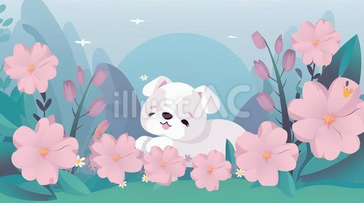 可愛い子犬ちゃんと花畑 子犬,花,かわいいのイラスト素材