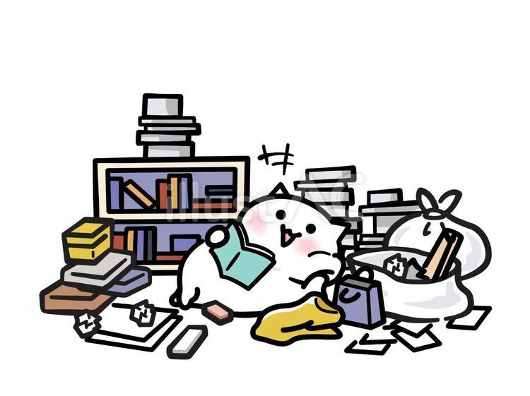 片付け中に漫画を読んじゃうねこ 片付け,散らかった,本のイラスト素材