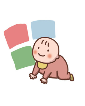 モニターを見て考える赤ちゃん 胎内記憶,体内記憶,赤ちゃん,ハイハイ,モニター,色選び,知育,手描き,かわいい,フリーのイラスト素材