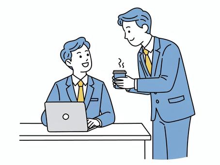 オフィスでコーヒーを手渡すビジネスマン コーヒー,手渡し,渡す,飲み物,お茶,気遣い,心遣い,コミュニケーション,休憩,息抜きのイラスト素材