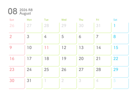 2026年8月カレンダー 日曜始まり カレンダー,2026年,2026年カレンダー,8月,夏,おしゃれ,かわいい,2026年8月カレンダー,シンプルカレンダー,壁掛けカレンダーのイラスト素材