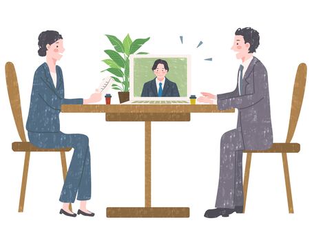 リモート会議 男性,女性,ミーティング,打ち合わせ,ビジネス,会社員,会議,リモート,パソコン,画面のイラスト素材