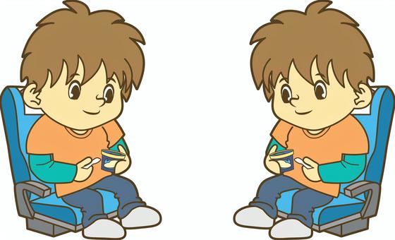 車内でアイスクリームを食べる男性 男性,アイスクリーム,アイス,カップアイス,おやつ,食べる,電車,列車,車内,シートのイラスト素材