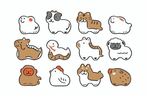 張子風の十二支のイラストセット　線画① 十二支,干支,張子,子,丑,寅,卯,辰,巳,午のイラスト素材