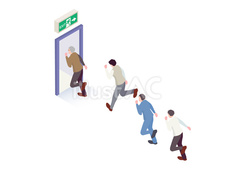 非常口に逃げる男性会社員たちのアイソメ 非常口,逃げる,避難のイラスト素材