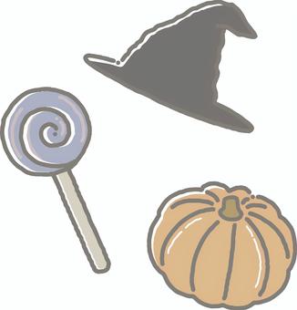 ハロウィンのイラスト ハロウィン,帽子,かぼちゃ,飴,おかし,イベント,秋,手書きのイラスト素材