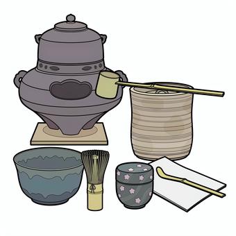 茶道具セット2_輪郭あり 茶,抹茶,茶道,茶の湯,茶碗,茶筅,茶道具,茶巾,水差し,茶釜のイラスト素材