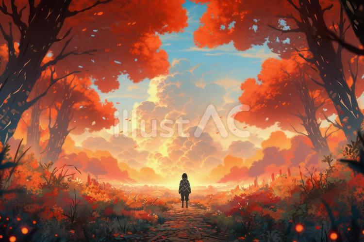 夕方の空と紅葉風景 人,秋,紅葉のイラスト素材