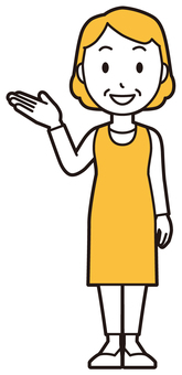  エプロンおばちゃん(黄)-028-全身 案内,笑顔,おばちゃん,エプロン,お母さん,ママ,中年,おばさん,主婦,人物のイラスト素材