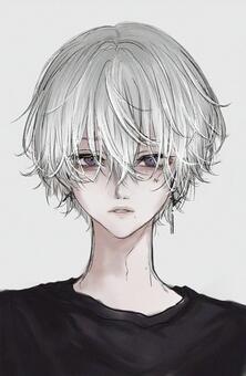 男 白髪,男,かっこいい,ピアス,黒服のイラスト素材