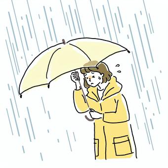 大雨の中傘をさす女性のイラスト 大雨,傘,さす,ゲリラ,夕立,女性,嵐,雨,ポーズ,レインコートのイラスト素材