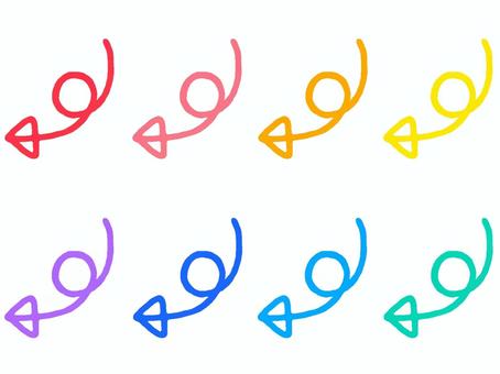 90度くるりん一筆書き矢印 手書き色違い 90度くるりん一筆書き矢印 手書き色違い 矢印,一筆書き,90度,くるりん,しっぽ,くるくる,赤,ピンク,オレンジ,黄色のイラスト素材