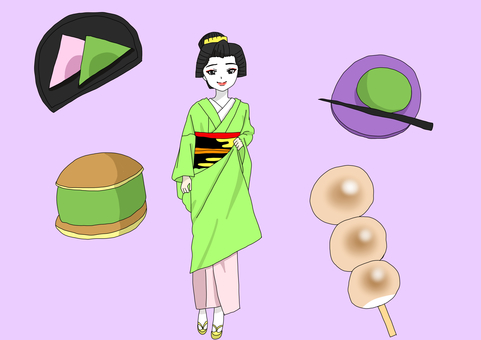 京都 京都,みたらし団子,舞子さん,八つ橋,名物のイラスト素材