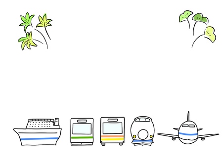 旅行の春夏フレーム 旅行,旅,交通,春,夏,新緑,フェリー,船,飛行機,バスのイラスト素材