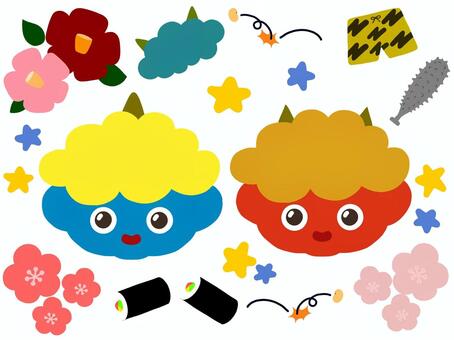 節分に関する手描きのイラストセット 節分,鬼,椿,豆まき,金棒,梅,花,恵方巻き,巻き寿司,太巻きのイラスト素材