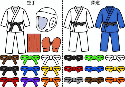 柔道・空手のアイテムです。 柔道,空手,シンプル,道着,ヘッドガード,ナックルガード,板,帯,格闘技,板割りのイラスト素材