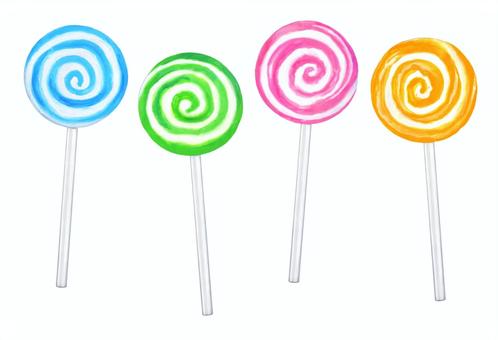 ペロペロキャンディ - 4色セット ペロペロキャンディ,飴,あめ,キャンディ,菓子,渦巻,くるくる,棒付き,駄菓子,懐かしいのイラスト素材