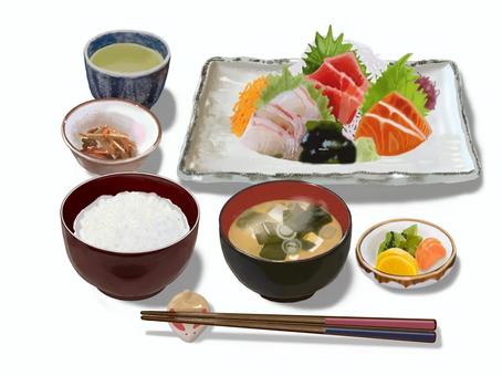 刺身の盛り合わせ定食（1） 刺身,お刺身,活け造り,盛り合わせ,定食,食べ物,和風,ごはん,ご飯,みそ汁のイラスト素材