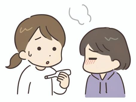 熱が出た子供と体温計を見る困り顔の母親 風邪,熱,体調不良,子供,感染症,体温計,病気,家族,親子,主婦のイラスト素材