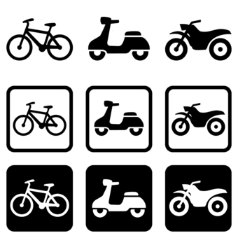 二輪車の黒いアイコン 各3種類セット 自転車,バイク,原付,二輪車,オートバイ,スクーター,単車,原動機付自転車,自動二輪車,交通手段のイラスト素材