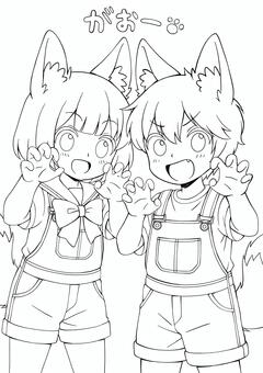 ポーズをとっている2人 人物,塗り絵,ぬり絵,ぬりえ,線画,白黒,手書き,男の子,女の子,男女のイラスト素材