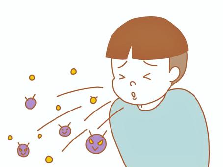 くしゃみで菌を撒き散らす くしゃみ,菌,ウイルス,風邪,インフルエンザ,感染症,子供,男の子,シンプル,手描きのイラスト素材