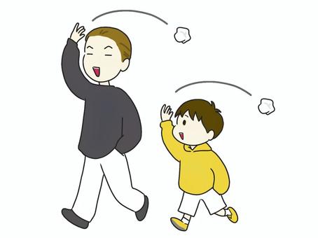 ごみをポイ捨てする大人と真似をする子ども ごみ,ポイ捨て,マネ,大人,子ども,お父さん,息子,見る,覚える,見よう見まねのイラスト素材