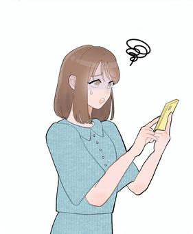 スマホあせる女 人,女,スマホ,携帯,困る,悩む,悩み,モヤモヤ,間違い,顔面蒼白のイラスト素材