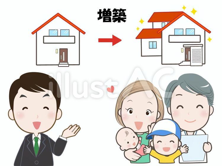 家－ビフォーアフター-増築-家族 家,リフォーム,増築のイラスト素材