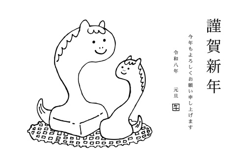 年賀状2026（021）モノクロ 年賀状,正月,線画,餅,午年,手書き,フリーハンド,干支,冬,焼き餅のイラスト素材