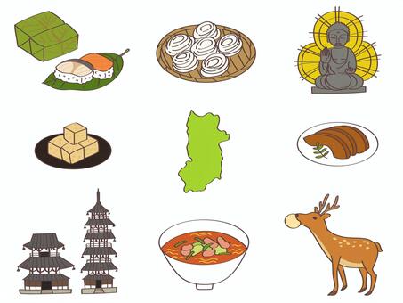 奈良県の名物イラストセット 奈良県,奈良,名産品,食べ物,手描き,セット,旅行,観光地,都道府県,柿の葉寿司のイラスト素材