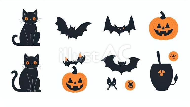 黒猫とハロウィンのアイコン集-05 ハロウィン,秋,10月のイラスト素材