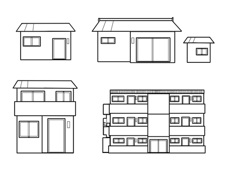 シンプルな家のイラストセット 家,塗り絵,セット,戸建て,平屋,二階建て,マンション,一軒家,線画,シンプルのイラスト素材