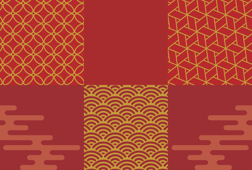 和柄(３柄)をあしらったポストカードー赤 背景,和風,和柄,七宝,青海波,網代麻の葉,レッド,金茶,かすみ,年賀状のイラスト素材