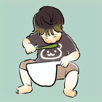 スプーンで食べるマネをする赤ちゃん 赤ちゃん,子供,育児,水彩風,スプーン,食事のイラスト素材