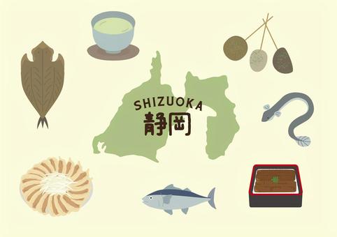 静岡イラストセット 静岡,お茶,おでん,うなぎ,干物,マグロ,浜松,餃子,地図,ご当地のイラスト素材