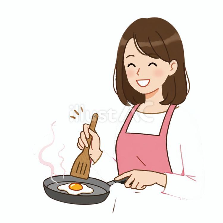 エプロンをして料理をする女性 フライパン,エプロン,セミロングのイラスト素材