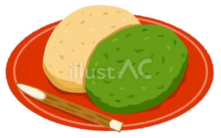 赤い食器に乗ったきな粉と青のりのおはぎ おはぎ,ぼたもち,皿のイラスト素材