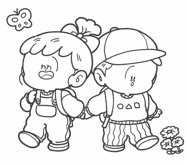 遠足の子どもたちの白黒手描きイラスト 遠足,白黒,モノクロ,ピクニック,子ども,ハイキング,手描き,かわいい,保育園,幼稚園のイラスト素材