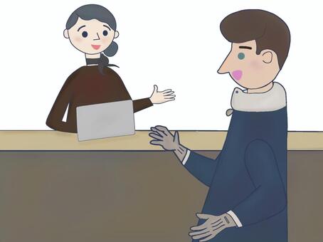 受付とボアジャケットの外国人男性 ホテル,受付,フロント,女性スタッフ,案内,パソコン,接客,ビジネス,サービス業,観光のイラスト素材