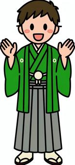 緑の羽織袴の男性です。 羽織,袴,シンプル,和装,和服,成人式,卒業式,コスチューム,着物,正装のイラスト素材