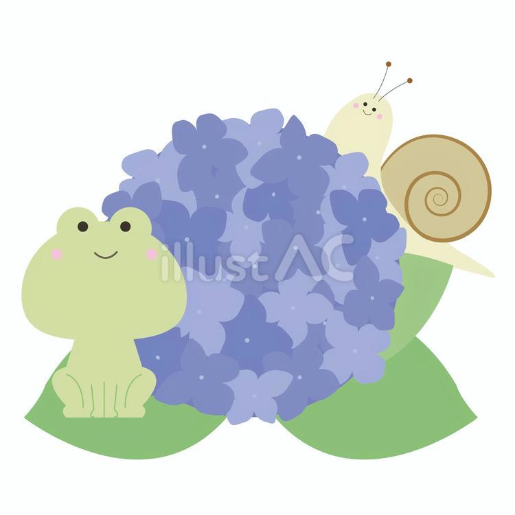 青系のあじさいとカエルとカタツムリ 梅雨,6月,あじさいのイラスト素材