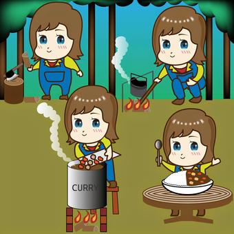 女の子が、キャンプでカレー作りセット 女の子,カレーライス,飯盒炊飯,キャンプ,食べる,ごはんを炊く,おかず,夕方,山,川のイラスト素材