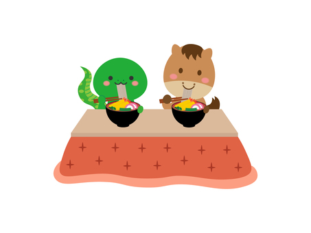 蛇と馬の大みそか4 大晦日,蛇年,午年,馬,蛇,年越しそば,そば,食べる,和食,動物のイラスト素材