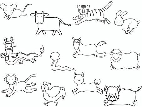 干支イラストモノクロ 十二支,干支,ねずみ,うし,とら,うさぎ,たつ,りゅう,み,へびのイラスト素材
