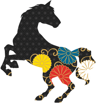 麻の葉、唐松模様と菊をあしらう馬 麻の葉、唐松模様と菊をあしらう馬 年賀状,午,午年,馬,干支,和,和柄,唐松模様,菊,麻の葉模様のイラスト素材