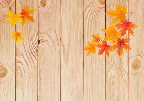 木目と紅葉のあたたかい背景 紅葉,木目,背景,秋,ナチュラル,木材,ウッド,オレンジ,黄色,落ち葉のイラスト素材